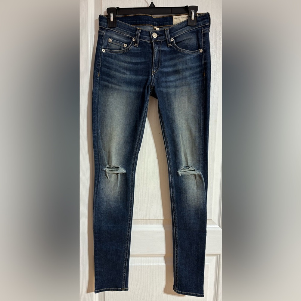 Rag & Bone Cotton Dark Wash Blue Distressed Faded Ripped Skinny Jeans Size 26